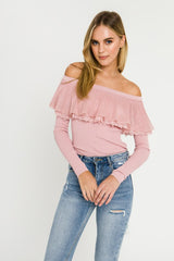 Pink Love Lace Ruffle Off the Shoulder